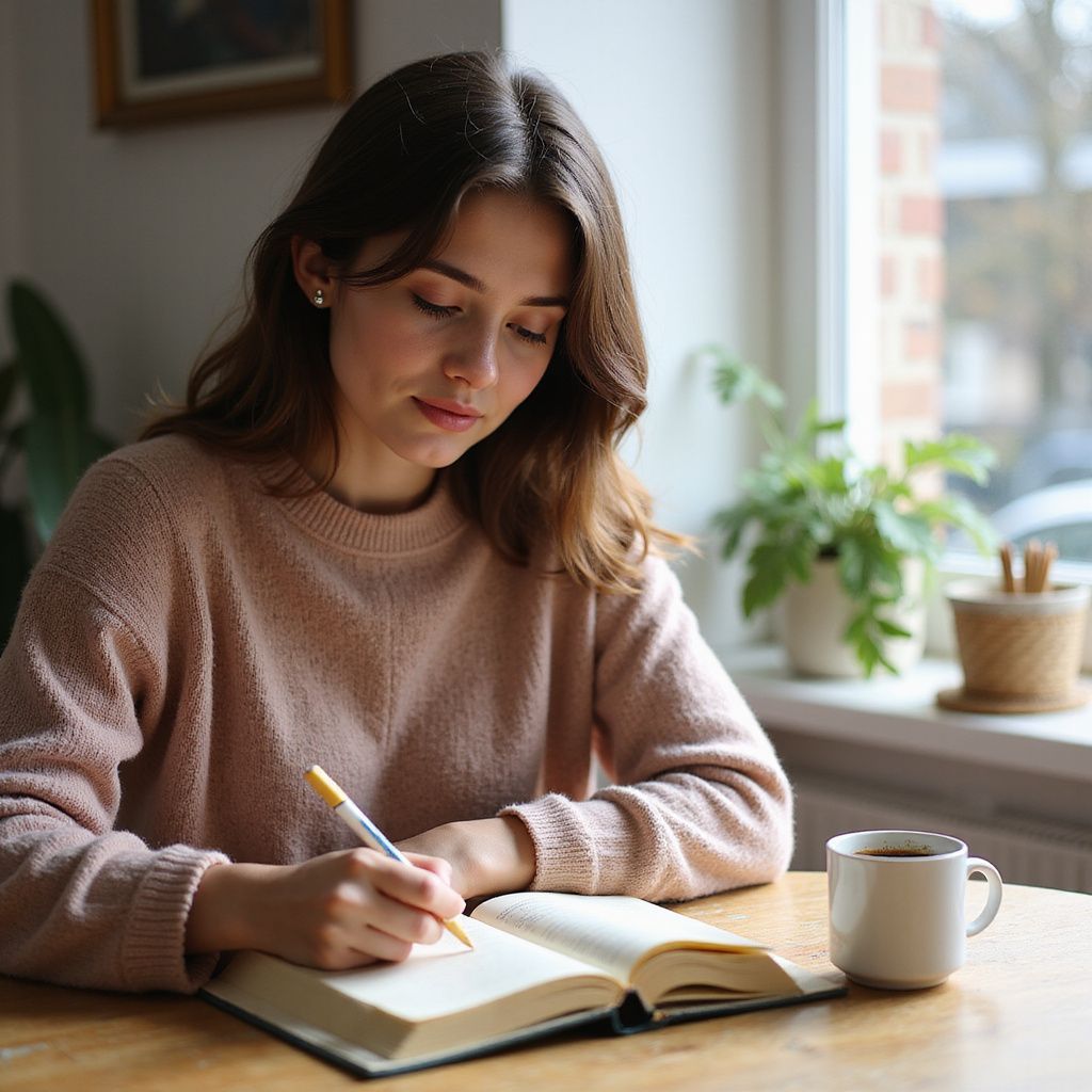 Woman in pink sweater writing in a book at a table, coffee mug beside her near a window.