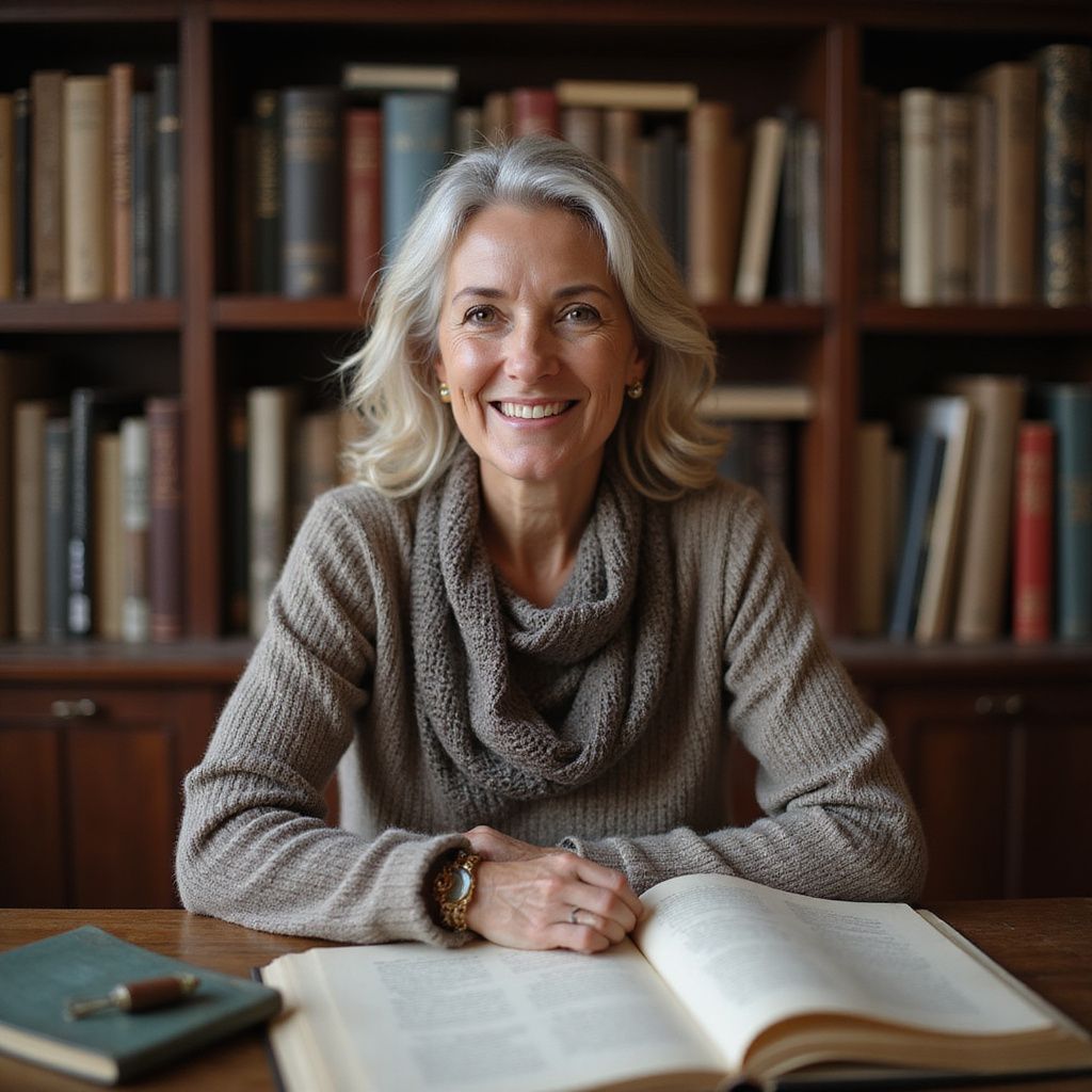 Woman with gray hair smiles, sitting at a table with open book and books in the background.
