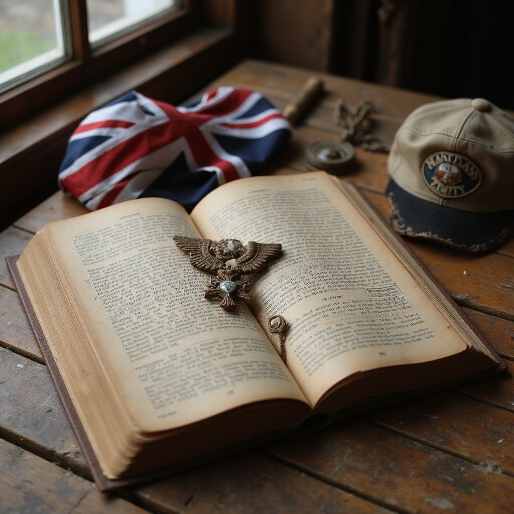 Open antique book with ornate clasp, Union Jack flag, and cap on wooden table.