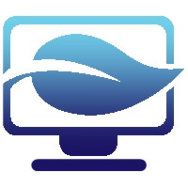 Blue computer monitor with a leaf symbol overlaid.