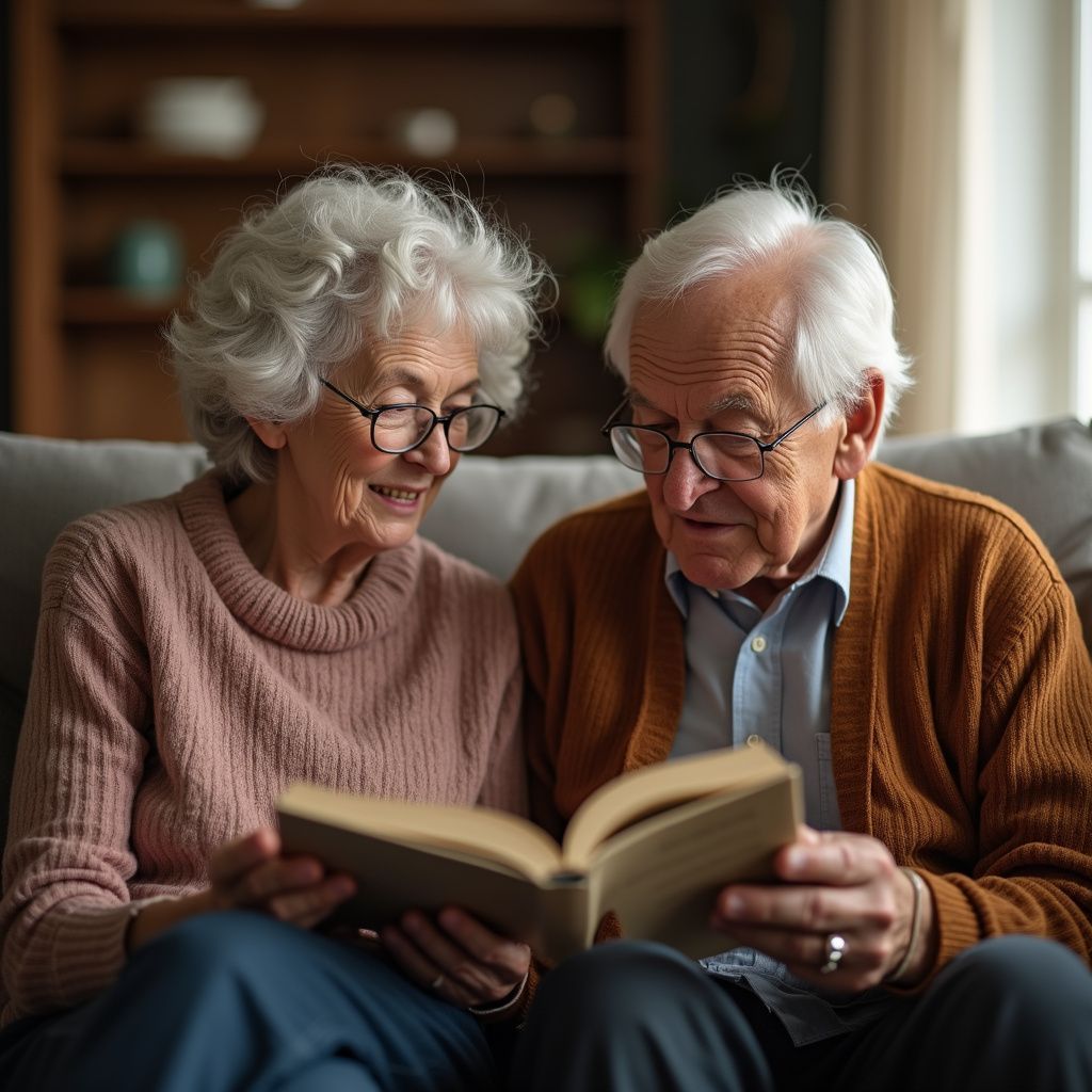 Elderly couple sitting on a couch, reading a book together.
