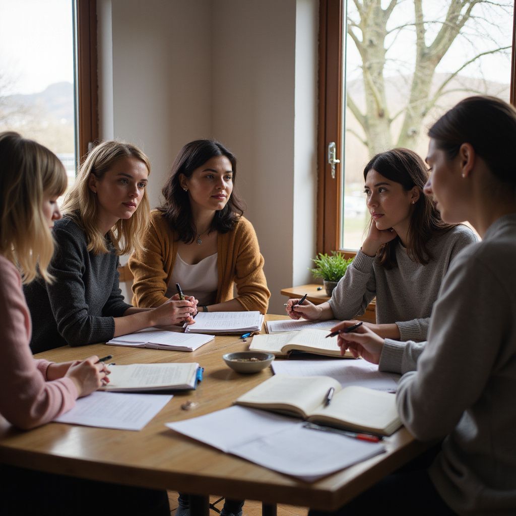 Five people, seated at a table, looking and interacting. Windows, papers, and books are on the table.