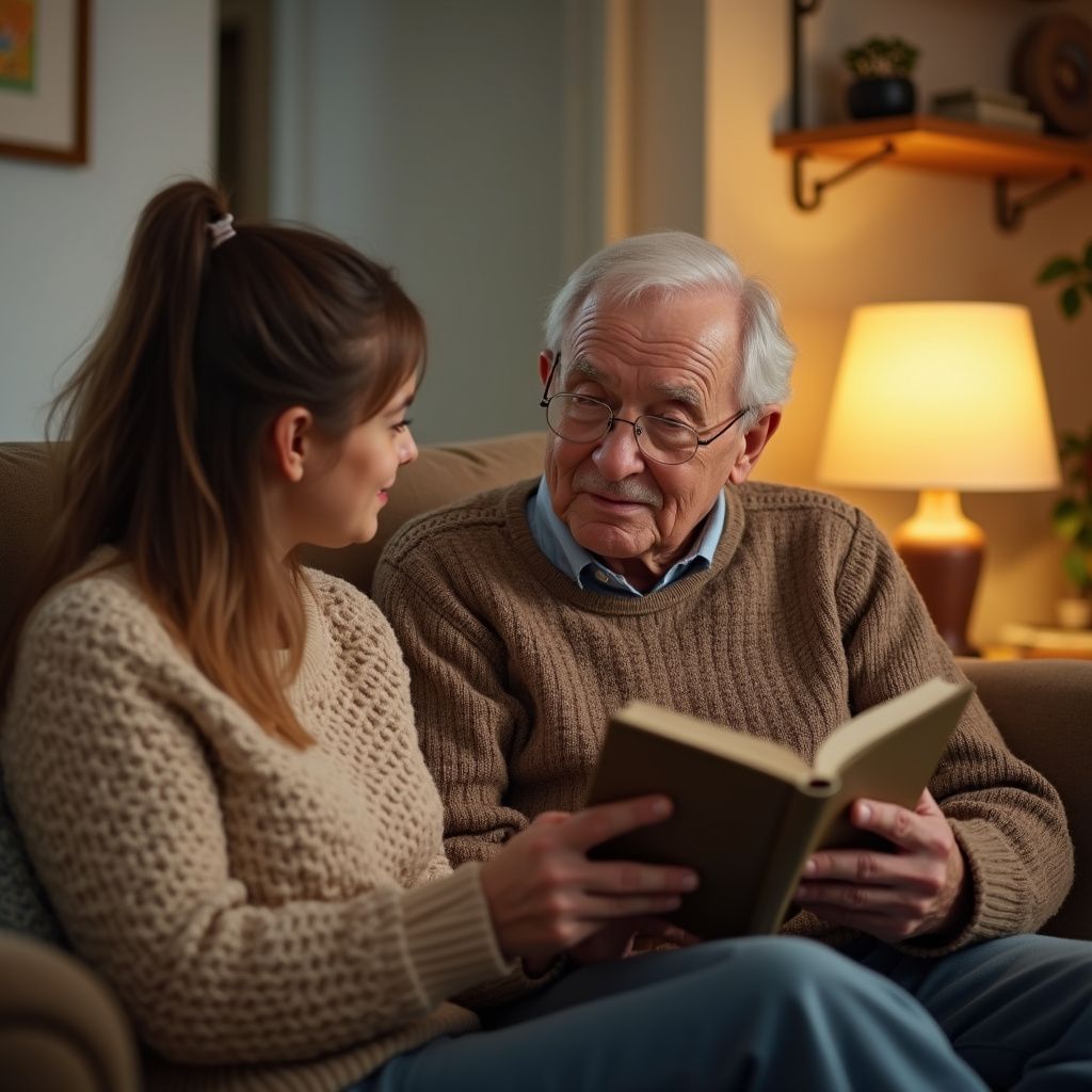 Woman and older person on a couch, looking at a book together. Warm lighting.