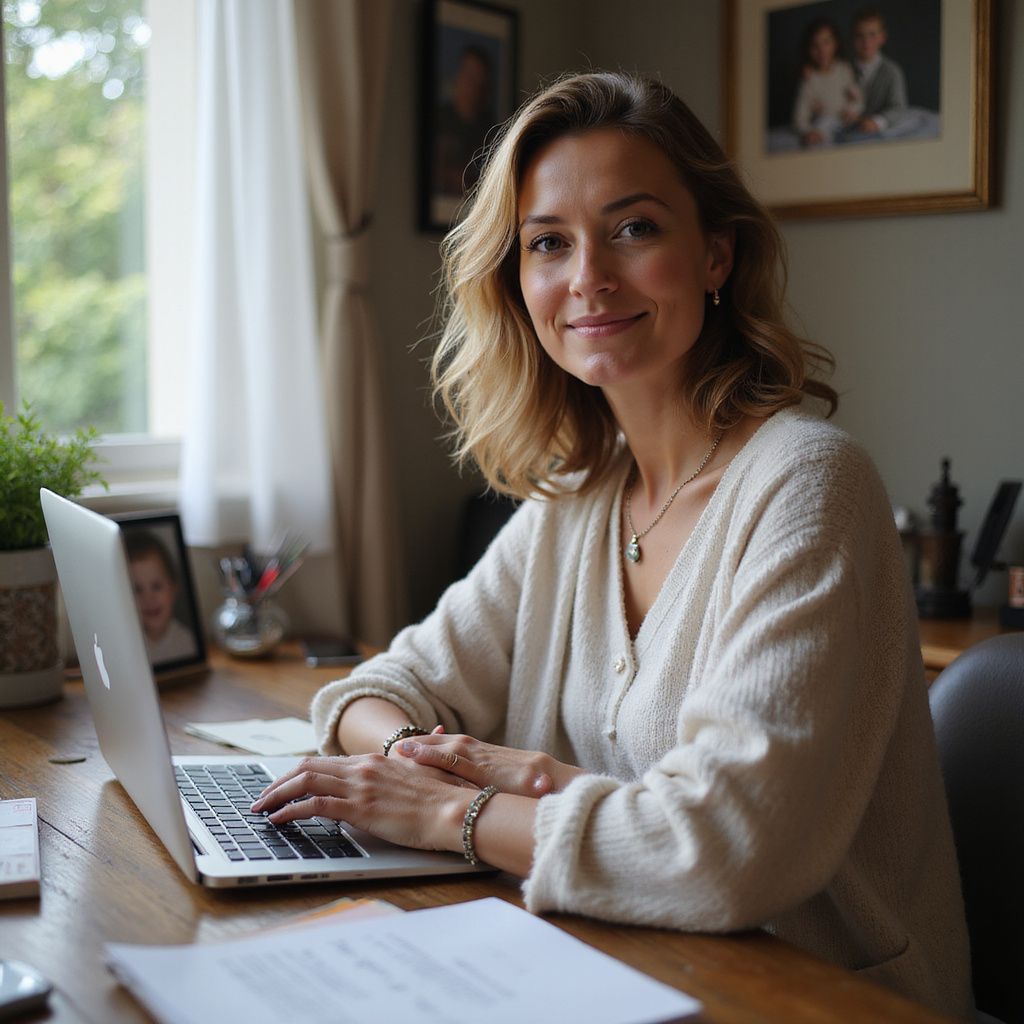 Woman with blonde hair, smiling, working on a laptop at a desk near a window.