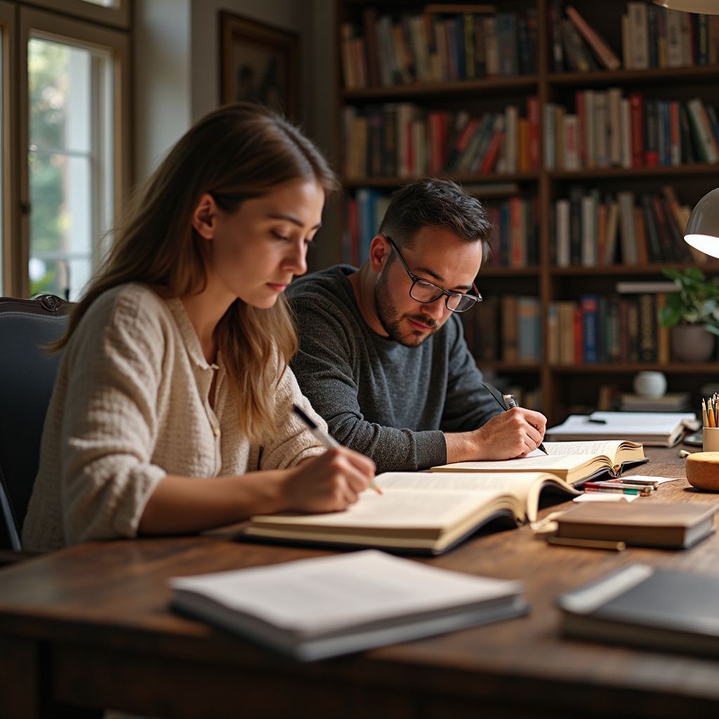 Two people study at a wooden table in a library. They write in books under lamplight, bookshelves in background.