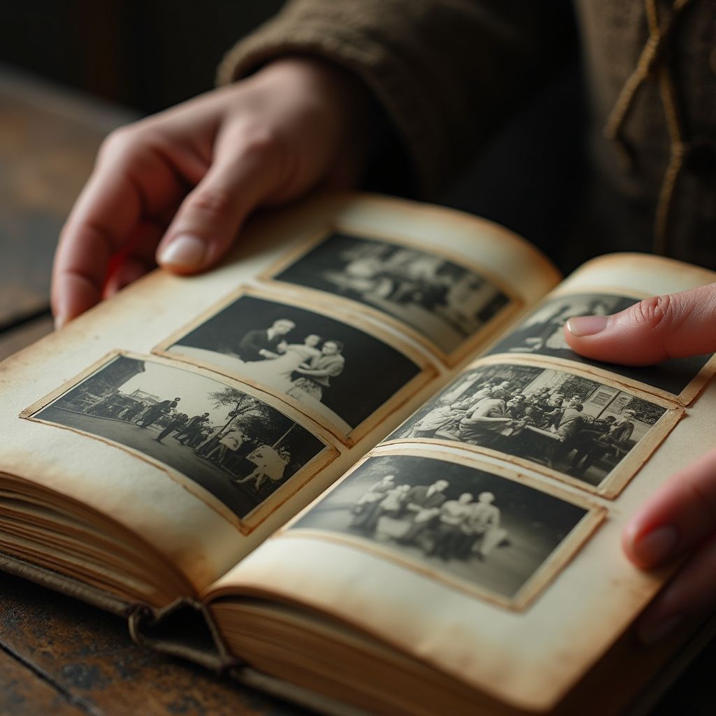 Hands holding open antique photo album, displaying several black and white photographs.