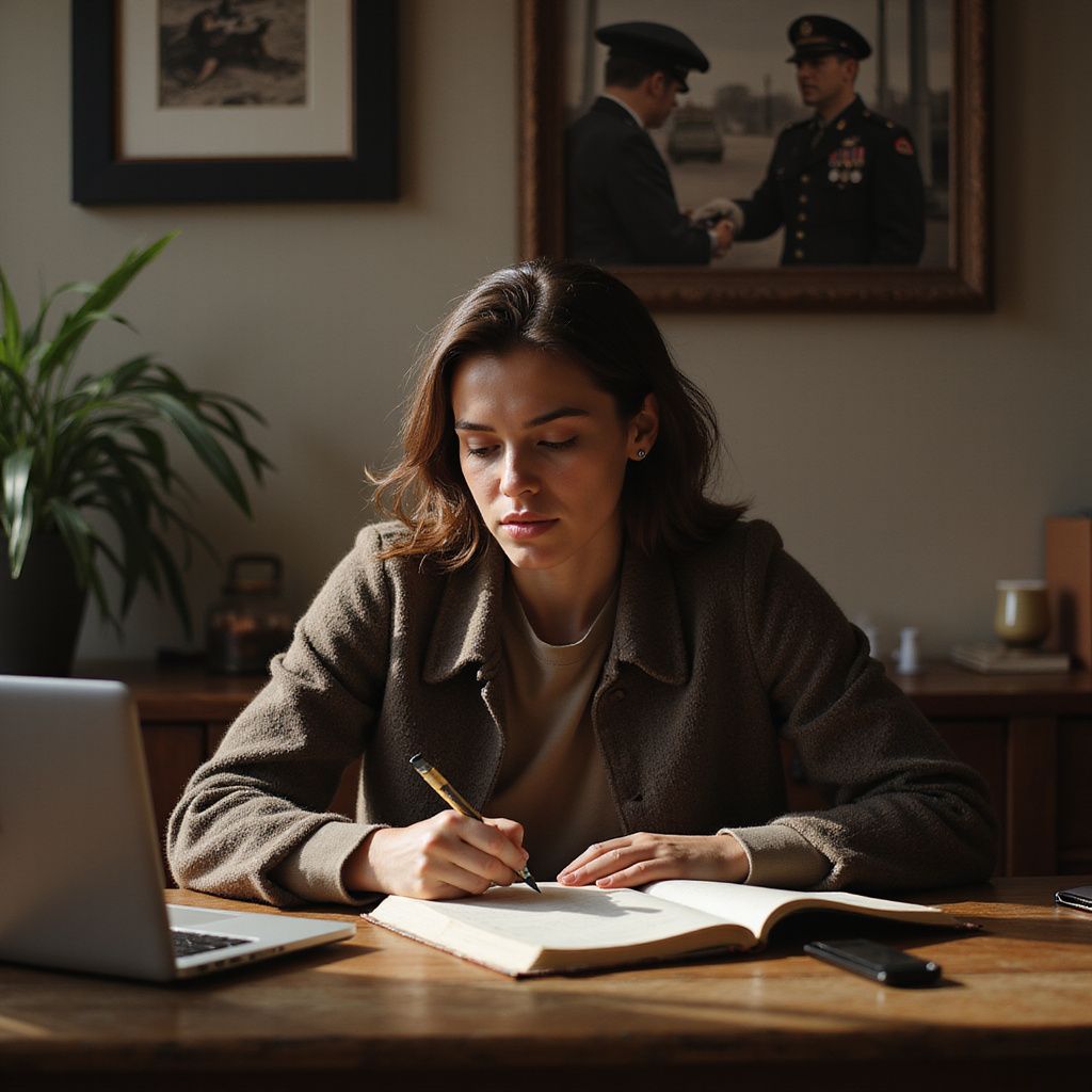 Woman in blazer writing in a notebook at a desk with laptop, lit by sunlight. Artwork and plant in background.