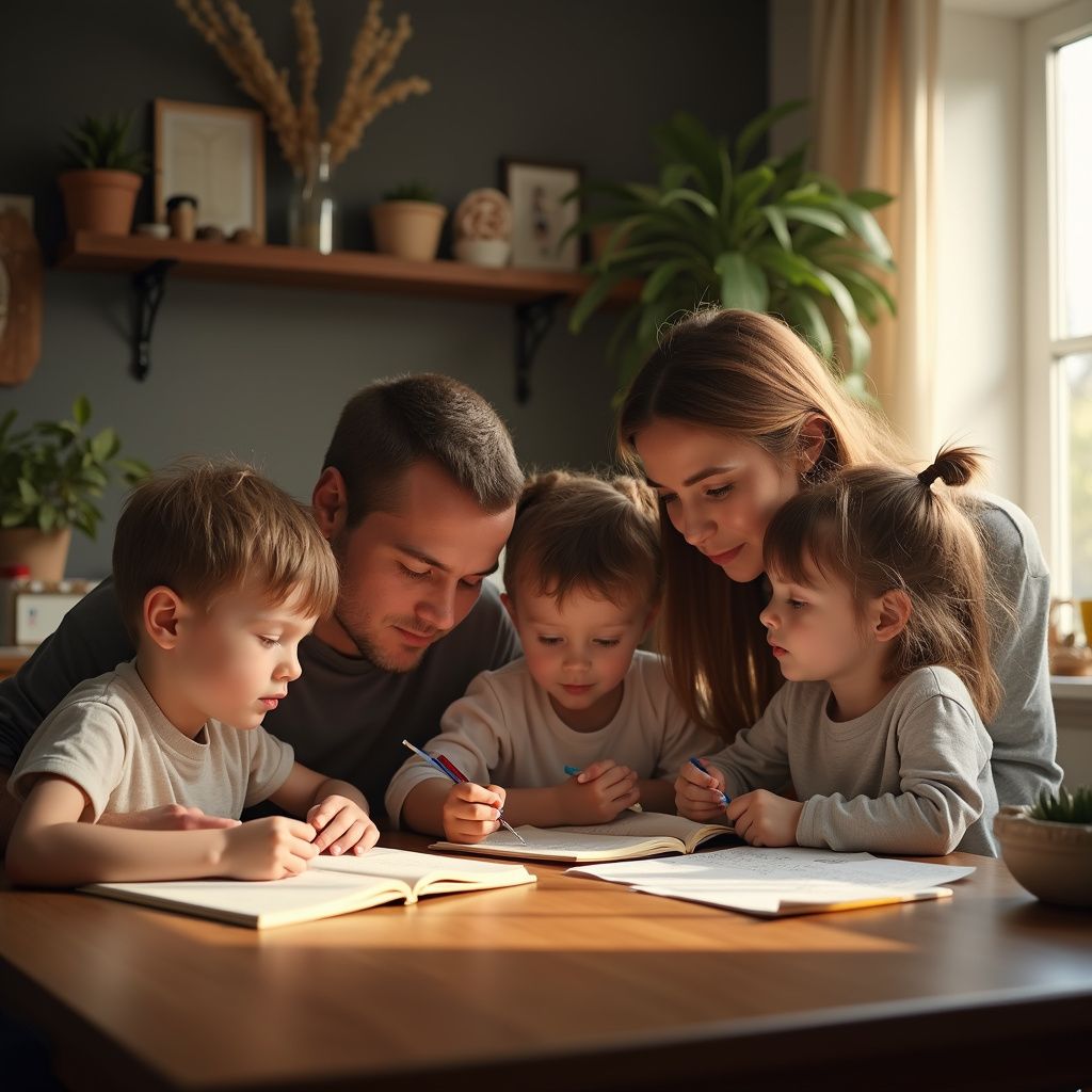 Family of five seated around a table, writing in notebooks. Parents assist children in a home setting.