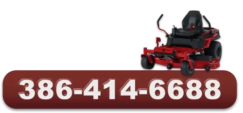 Red zero-turn lawn mower with phone number 