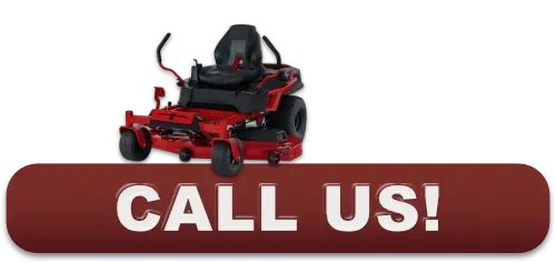 A red zero-turn lawn mower sits above a large, dark red button with the white text 