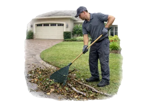 A person in uniform raking leaves and small branches from a driveway in front of a suburban house.