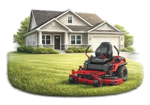 Red zero-turn mower on freshly cut green lawn in front of a beige house with a garage.