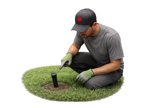 A person wearing a grey shirt, cap, and gloves kneeling to inspect an irrigation sprinkler head in a patch of grass.
