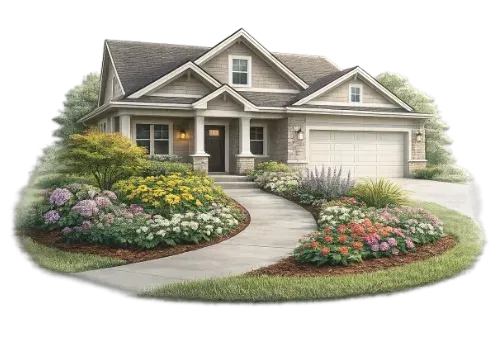 House with curved walkway through a flower garden leading to the front door and garage.