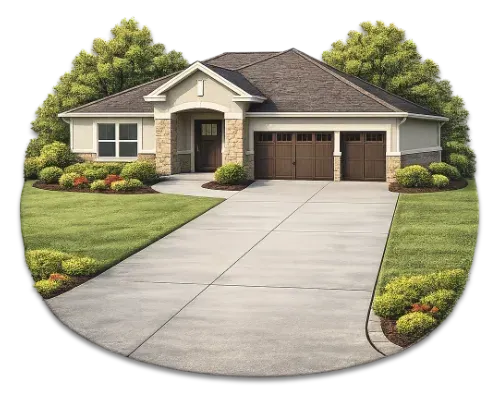 House with driveway, lawn, trees, and three-car garage. Beige siding, brown roof, and stone accents.