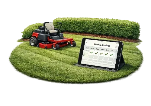 A red riding lawn mower sits on a neatly groomed circular lawn next to a tablet displaying a digital weekly schedule.