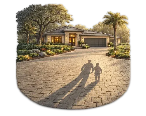 Father and child walking towards a house with long shadows, sunny day.