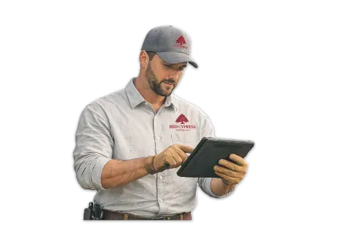 A professional wearing a gray collared shirt and hat, intently looking at a tablet held in their hands.