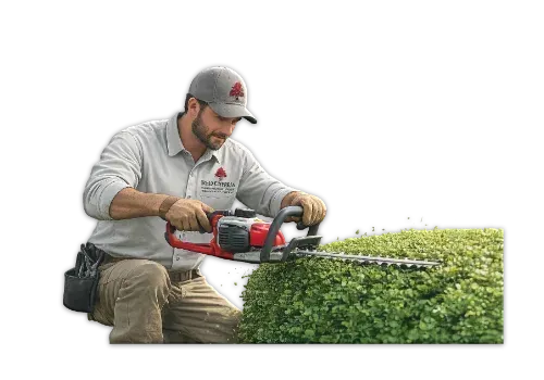 A professional wearing a cap and branded shirt uses a red hedge trimmer to shape a large, green bush.