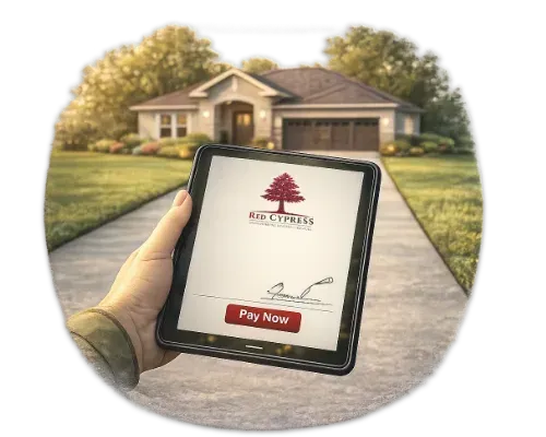 Hand holding tablet with Big Cypress logo, Pay Now button, in front of a house.