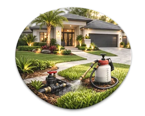 Lawn being watered with a sprayer in front of a modern home with lush landscaping.