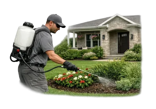 A technician wearing protective gear uses a backpack sprayer to treat plants in front of a house.
