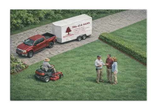 A landscaping crew with a red pickup truck and trailer interacts with a client on a residential lawn.