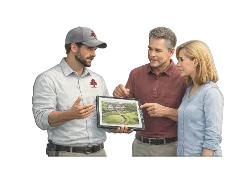 A worker in a cap and uniform holds a tablet showing a house, while a couple looks at the display and gestures toward it.