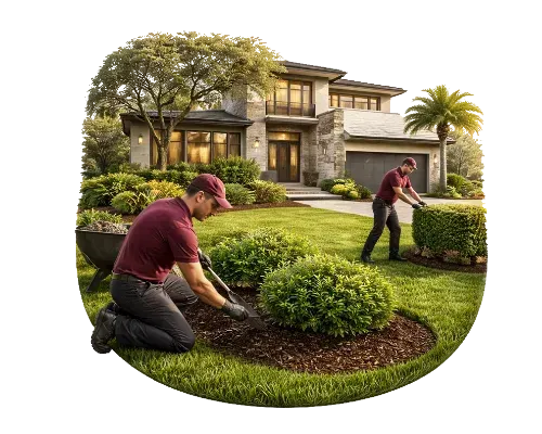 Two workers landscaping a house, using tools on shrubs and mulch, green lawn.