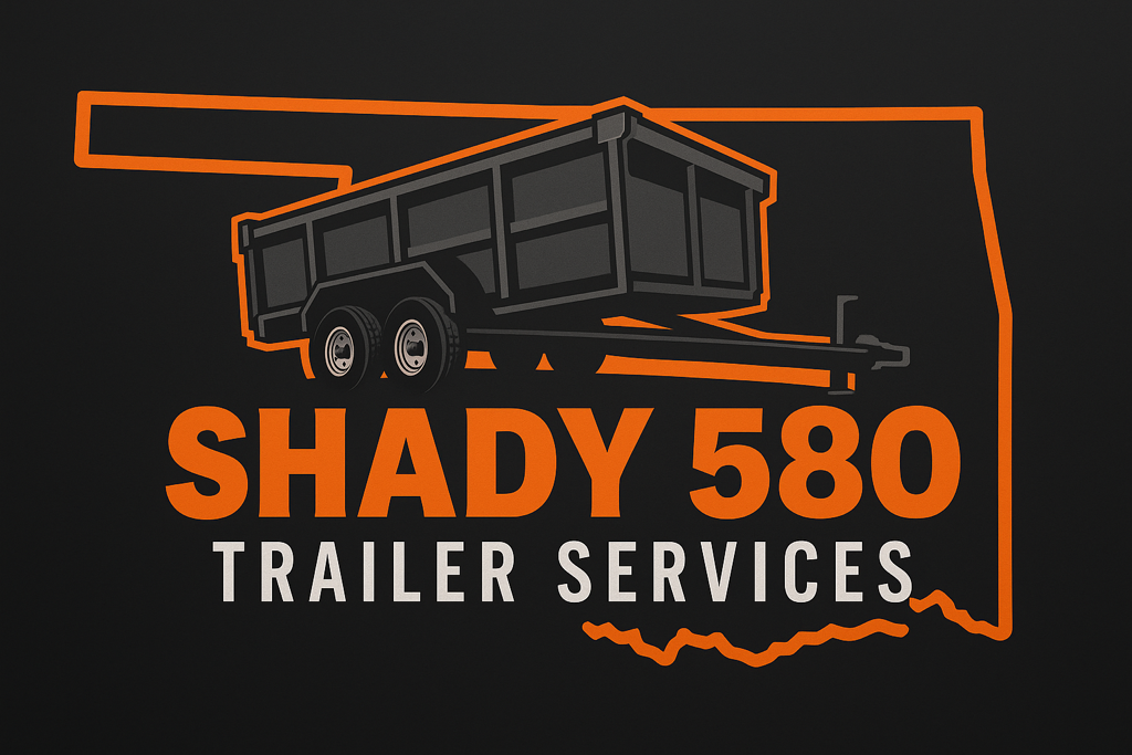 Logo for Shady 580 Trailer Services, featuring a dark trailer and Oklahoma outline in orange on black.