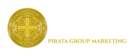 The logo for pirata group marketing has a gold coin with a cross on it.