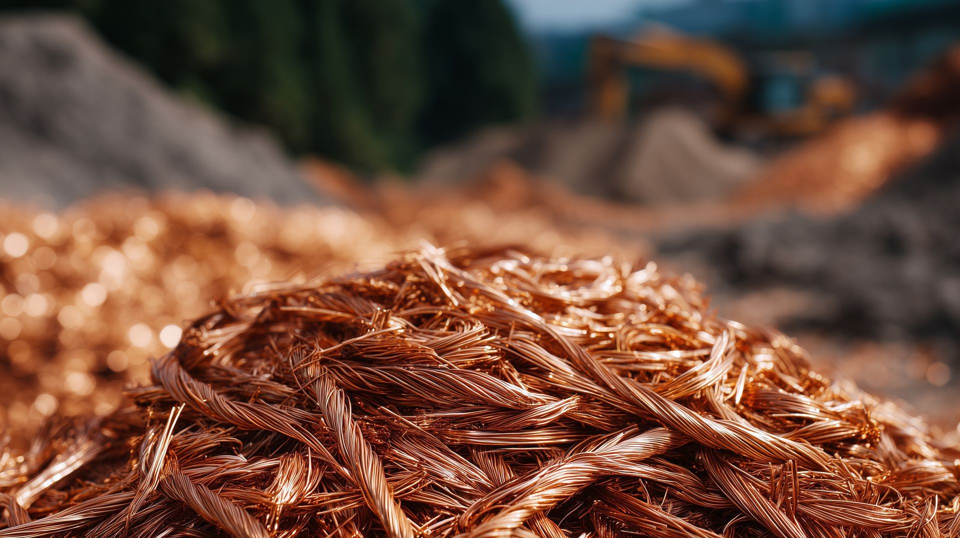 Heap of twisted and shredded copper scrap at recycling facility.