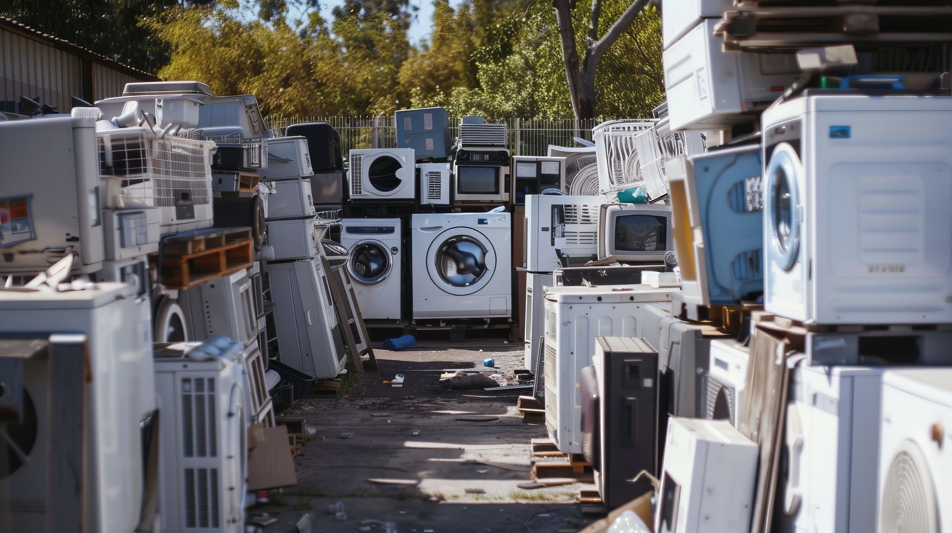 Stacks of old washing machines and appliances in an outdoor junkyard.