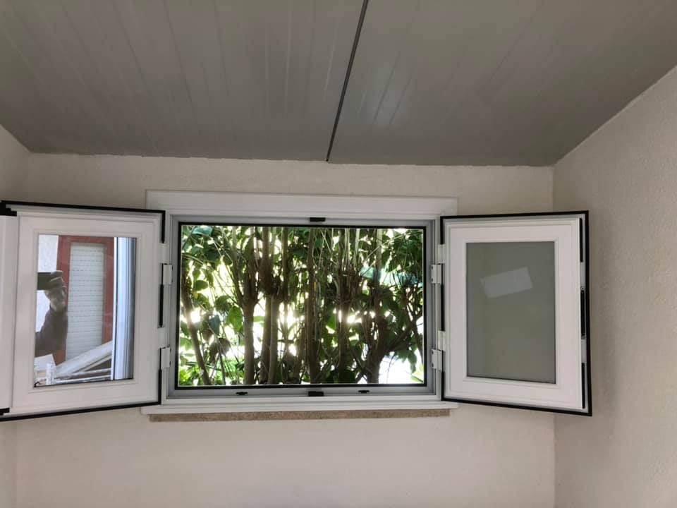 Finestra con persiane bianche aperte, che rivela una vista verdeggiante e ricca di alberi, situata in una stanza con pareti bianche e soffitto grigio.