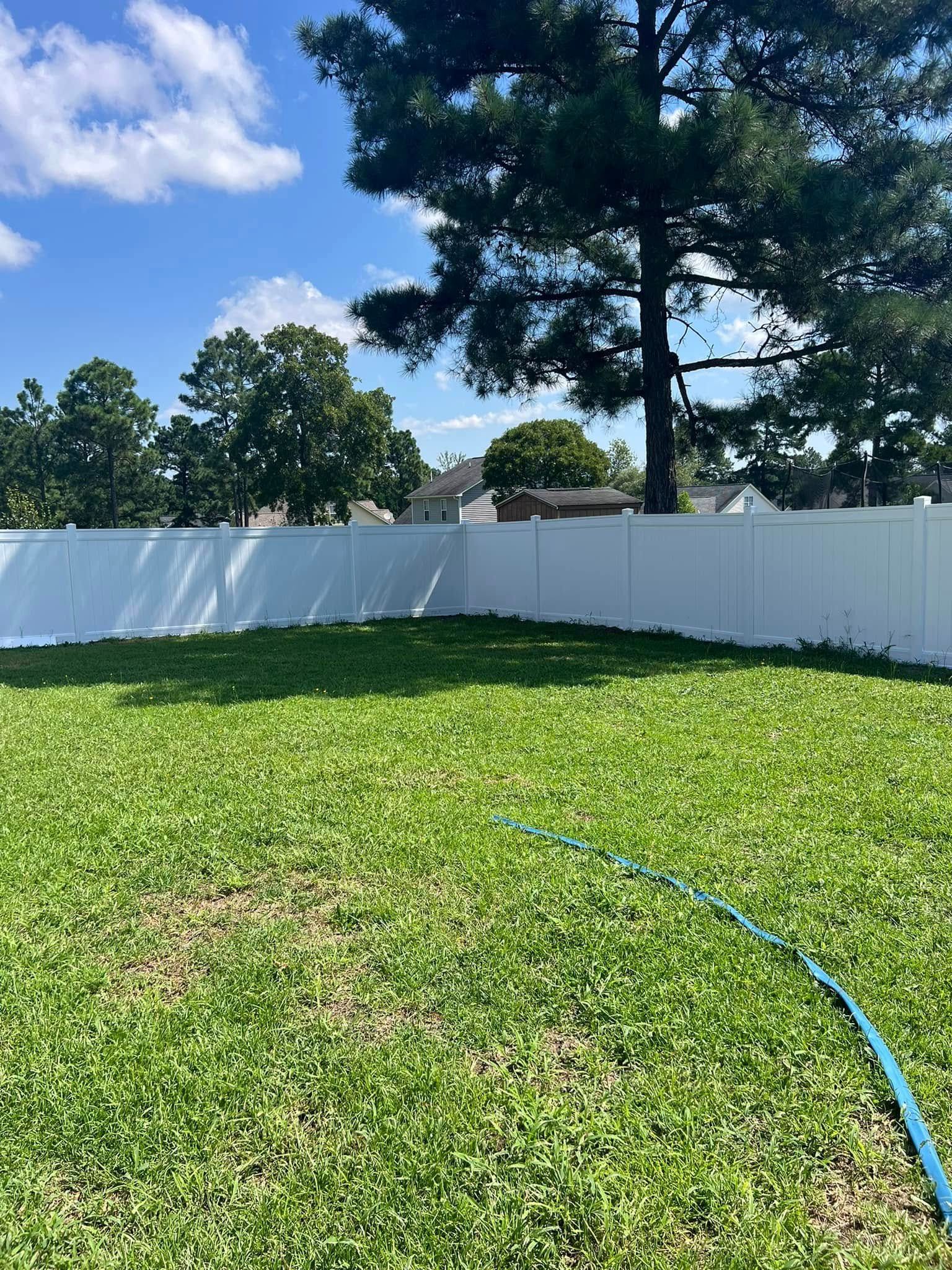Green yard with white fence and blue hose on a sunny day.