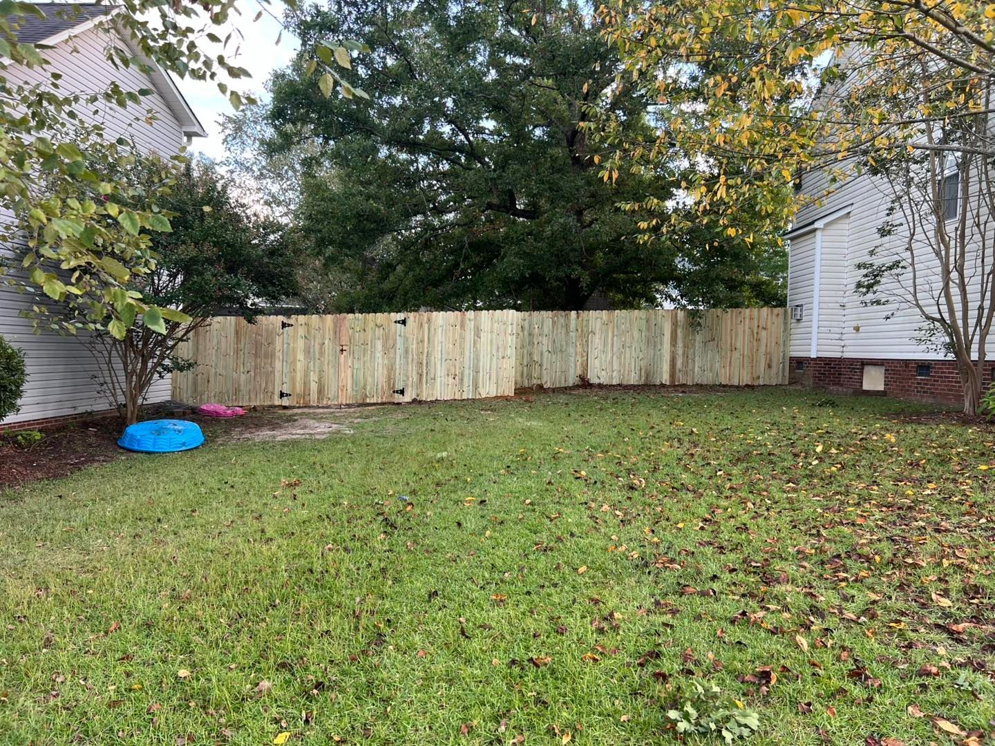Backyard with a wooden fence, green grass, and houses on either side.