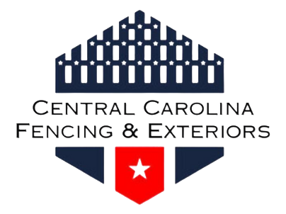 Logo for Central Carolina Fencing & Exteriors: a blue and red shield with a fence graphic, star, and text.