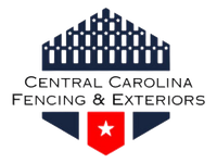 Logo for Central Carolina Fencing & Exteriors: a blue and red shield with a fence graphic, star, and text.