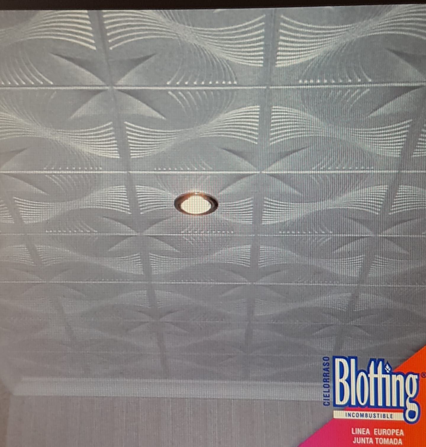 Paneles de techo con dibujos blancos y lámpara empotrada; logotipo 