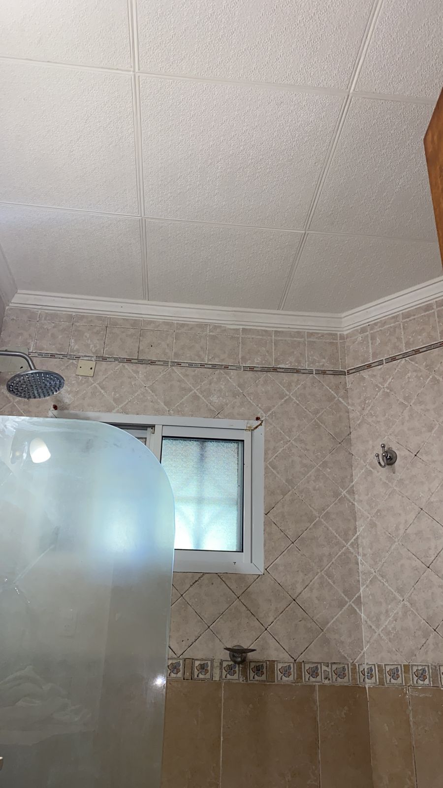 Interior de baño con ducha, vidrio esmerilado y ventana. Paredes y techo de azulejos beige.