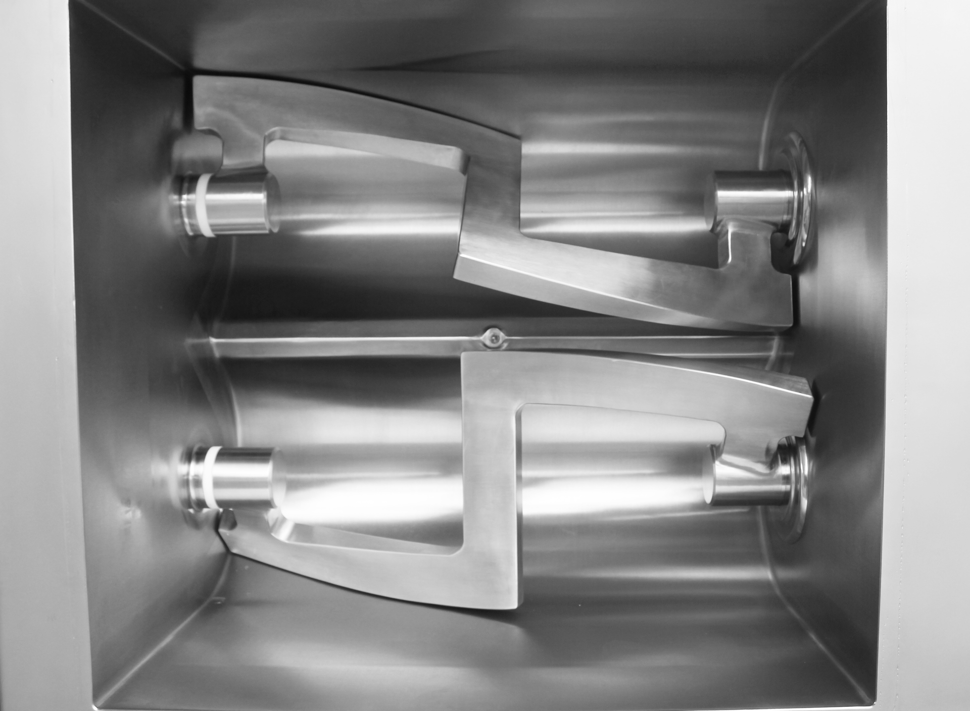 The inside of a stainless steel mixer with two blades