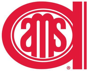 A red and white ams logo on a white background