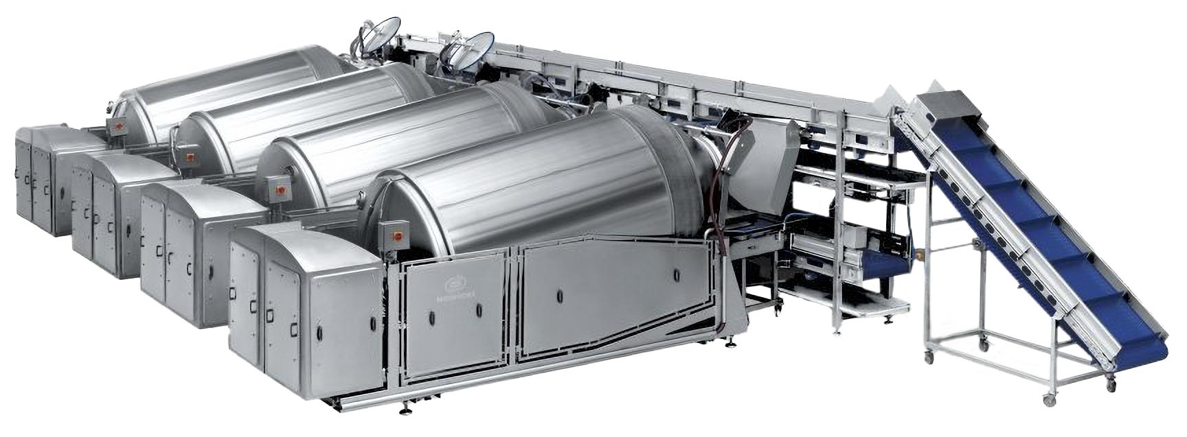 A large stainless steel machine with a conveyor belt attached to it.