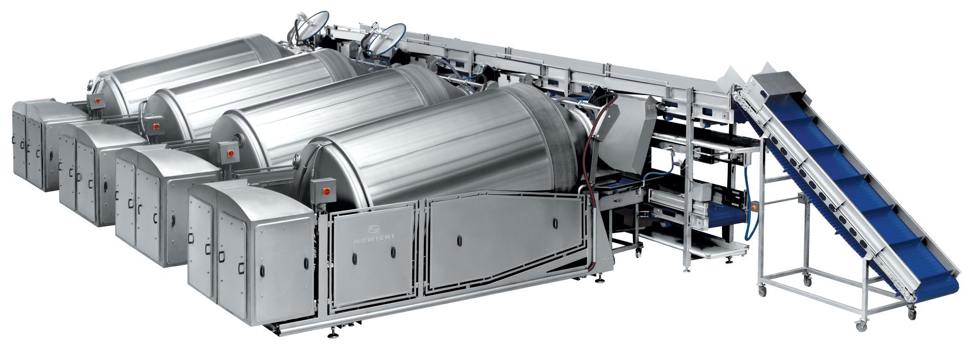 A large stainless steel machine with a conveyor belt attached to it.