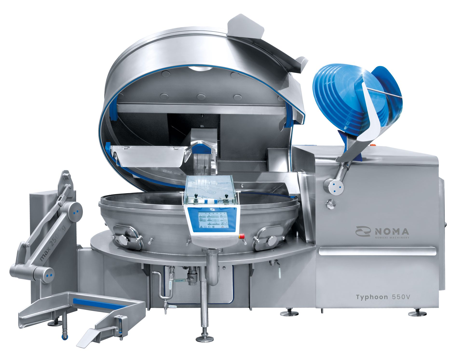 A large stainless steel machine with the lid open on a white background.