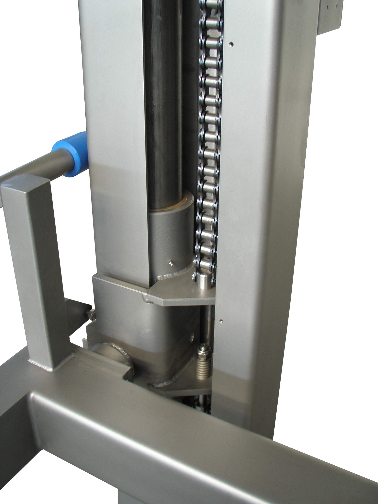 A close up of a stainless steel machine with a blue handle