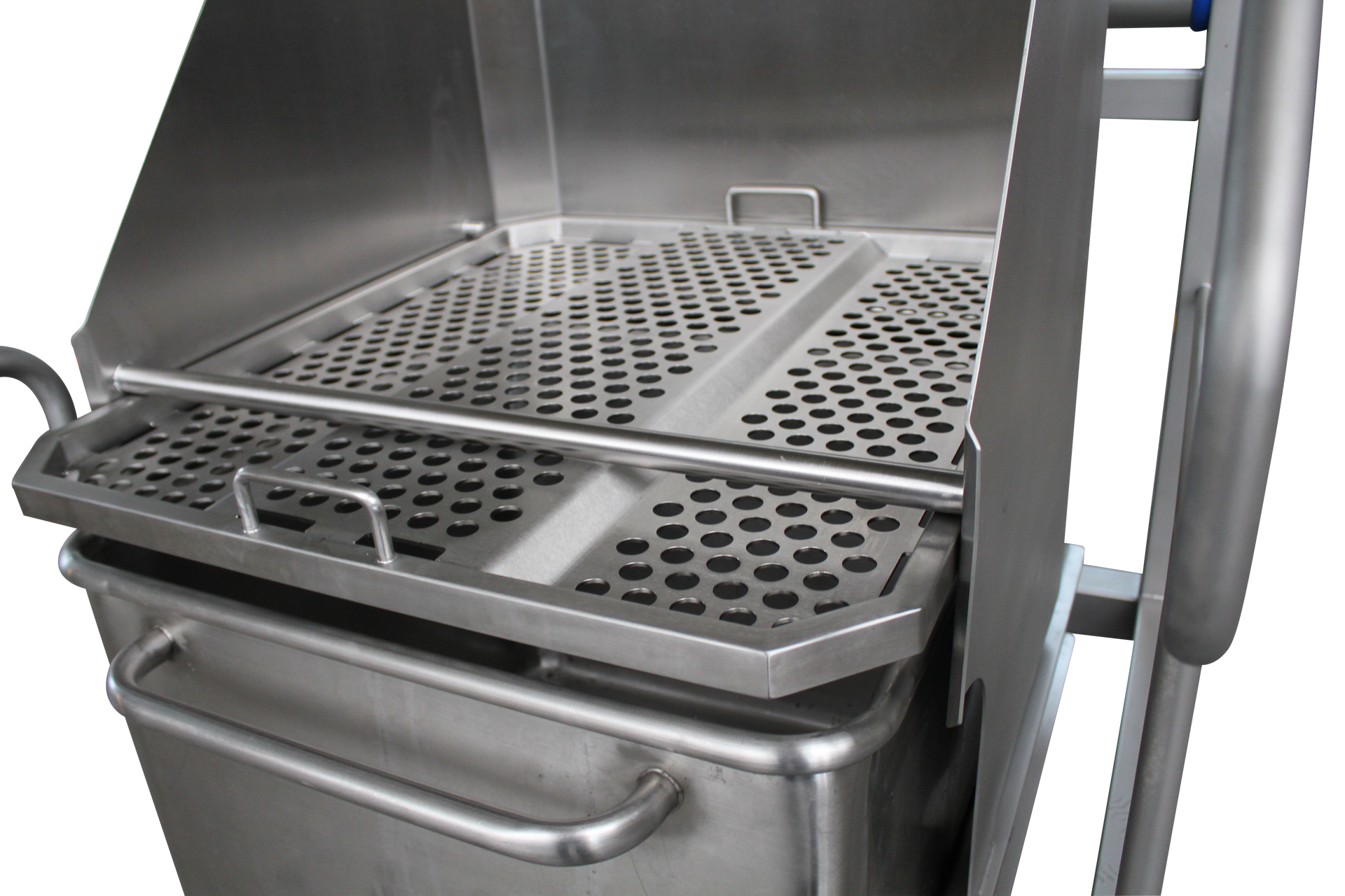 A stainless steel cart with a tray on top of it