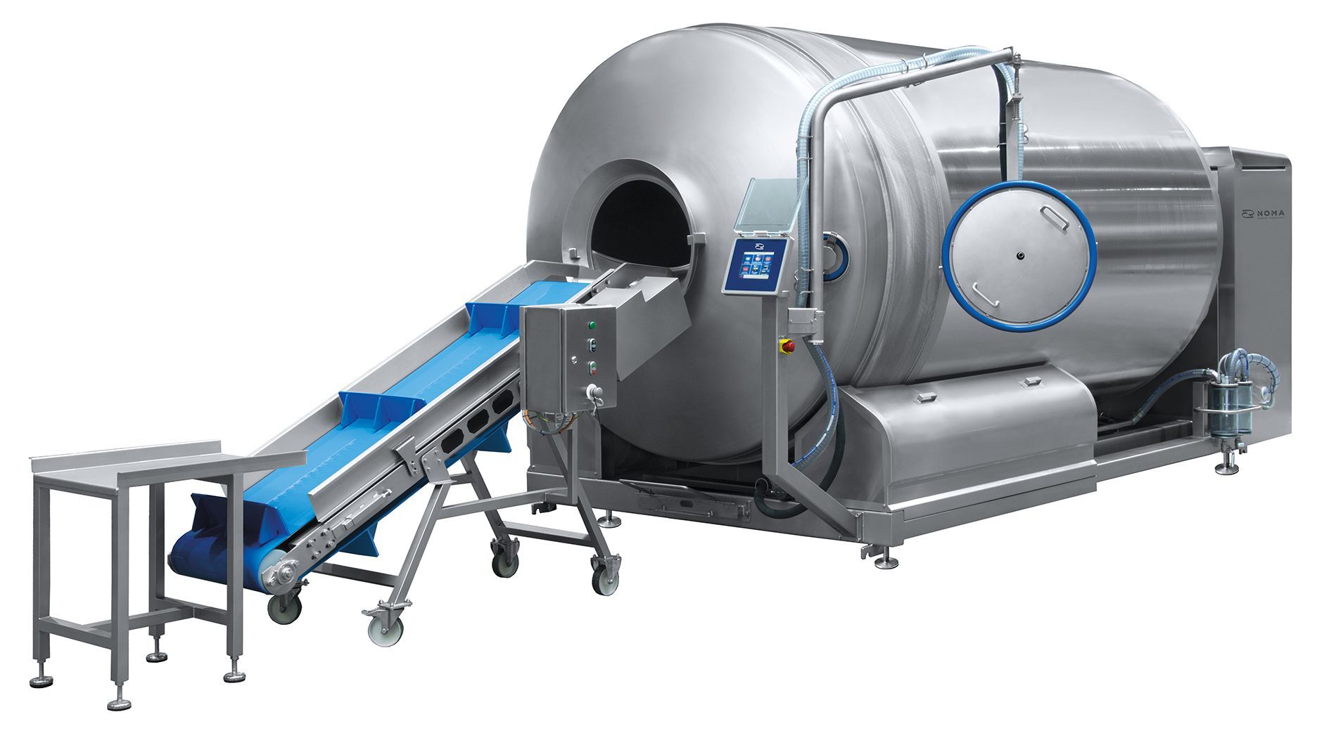 A large stainless steel machine with a conveyor belt attached to it.
