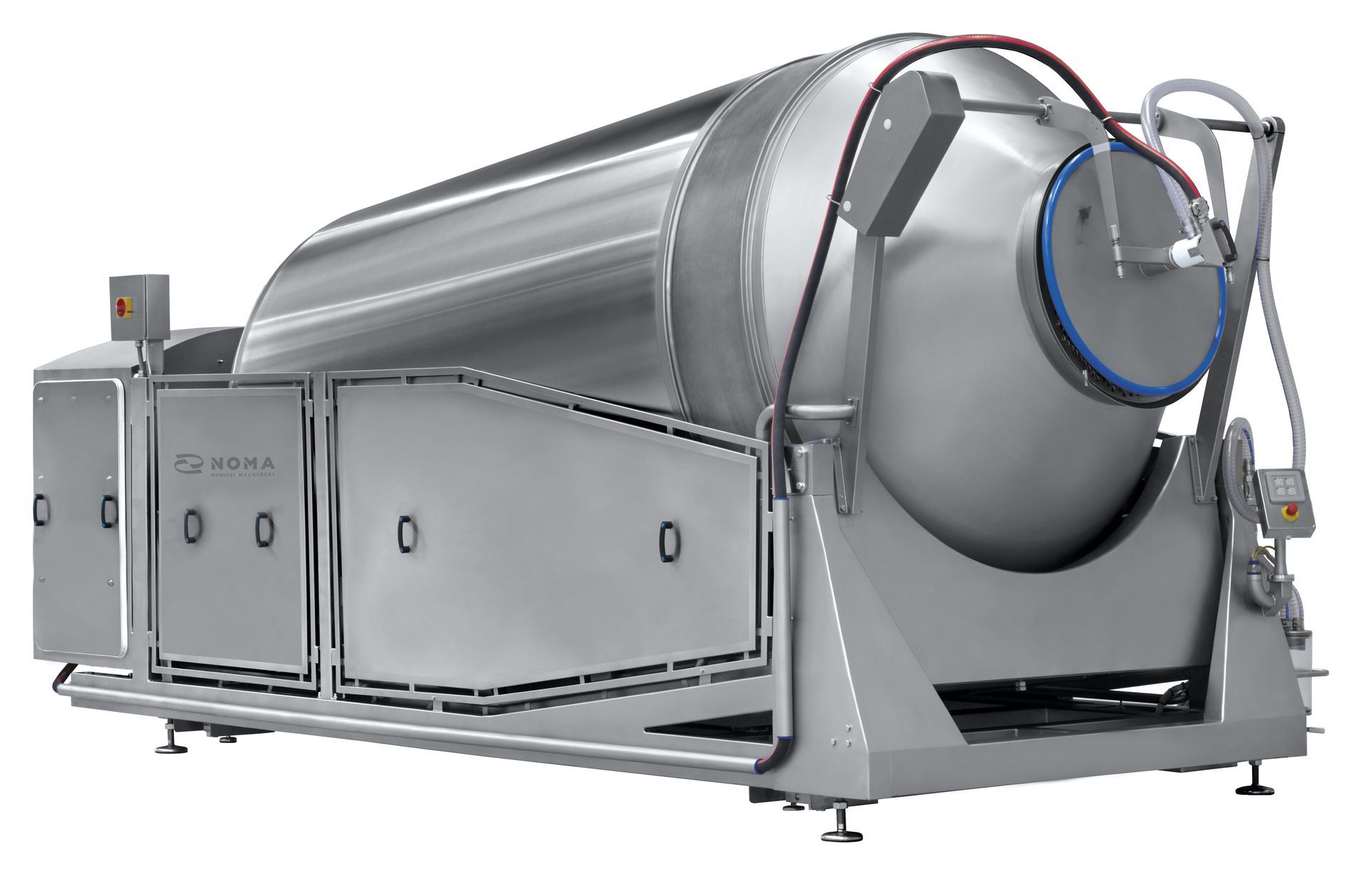 A large stainless steel tank with a hose attached to it