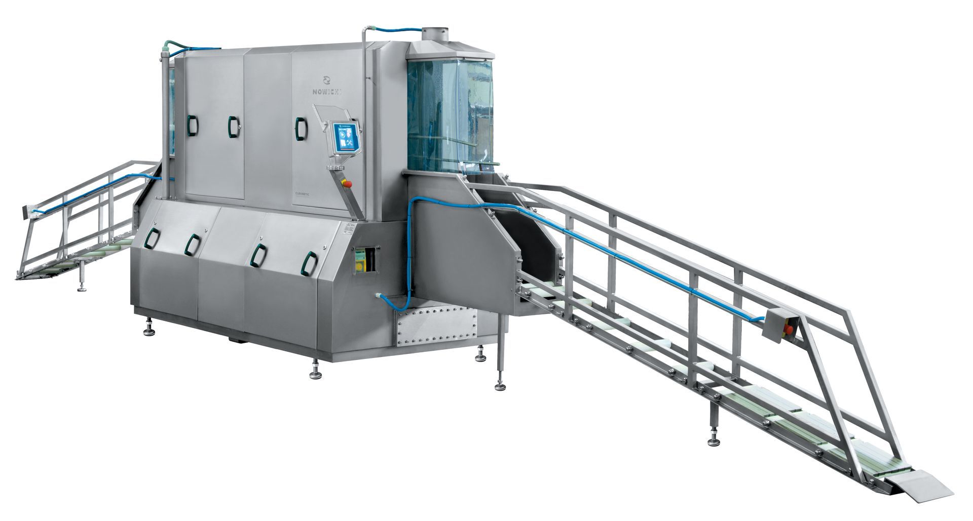 A large stainless steel machine with a ramp attached to it.